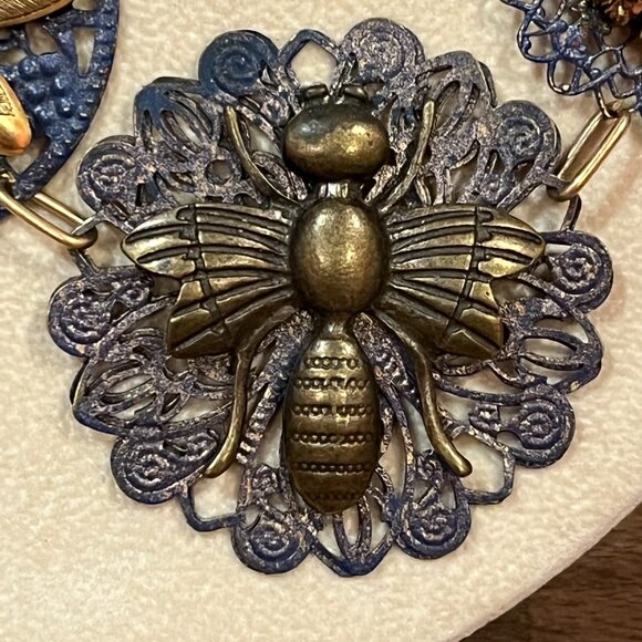 Lenora Dame Bejeweled Vintage Inspired Bib Necklace with Bee and Flowers - Picture 2 of 7